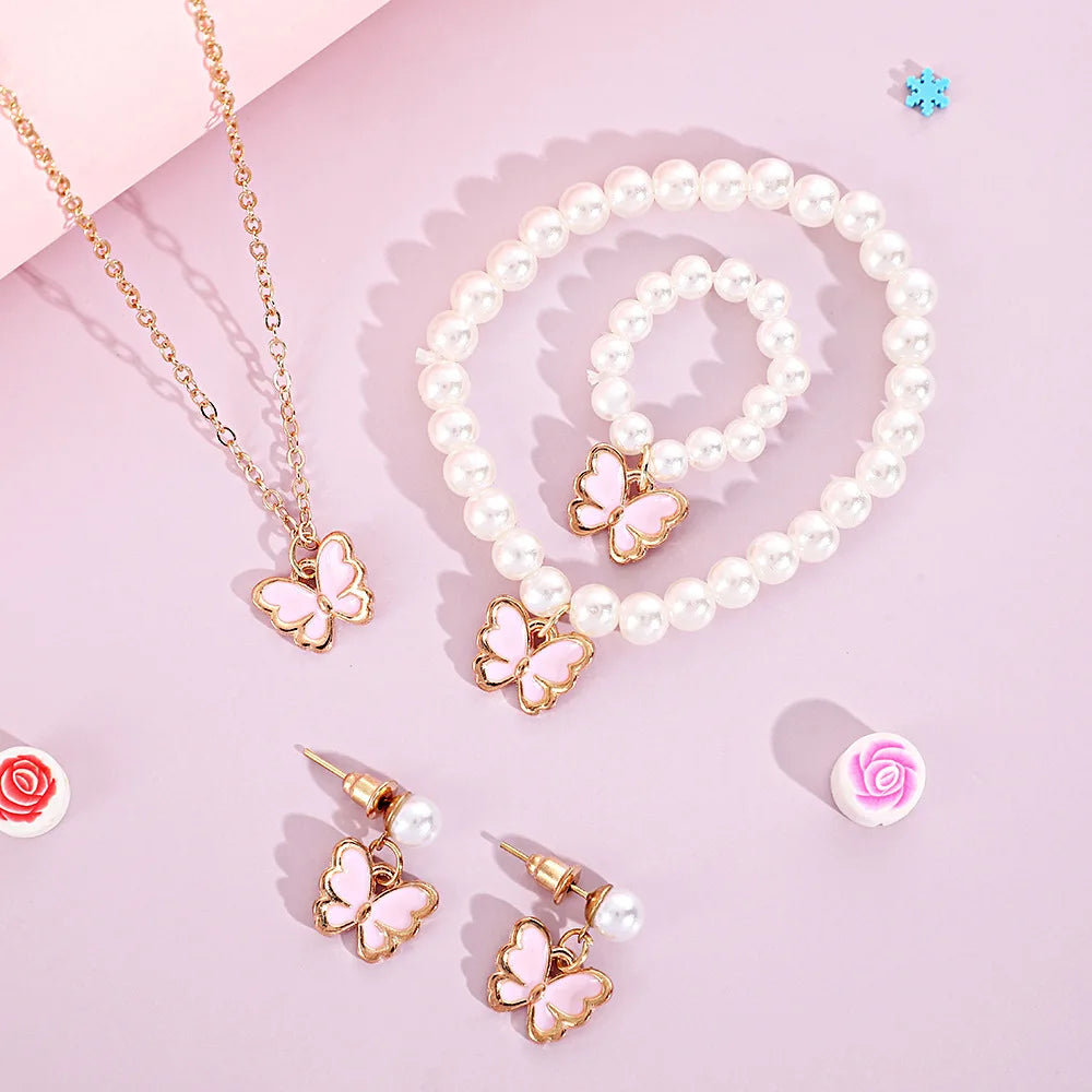 5 PCS/Set Trendy Cute Pink Butterfly Pendant Pearl Bracelet Necklace Set for Kids Women Girl Jewelry
