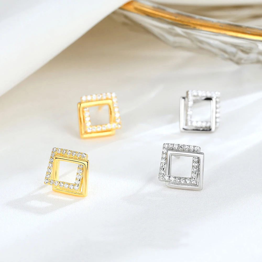 Geometric 925 Sterling Silver square Shape Simple Women CZ Diamond Double square Stud Earrings