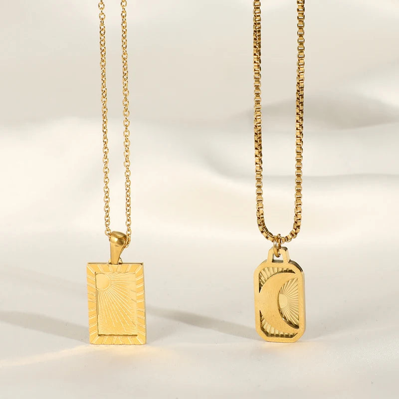 Joolim Jewelry 18K Gold Plated Sun Moon Burst Rectangle Pendant Necklace Stainless Steel Trendy Jewelry