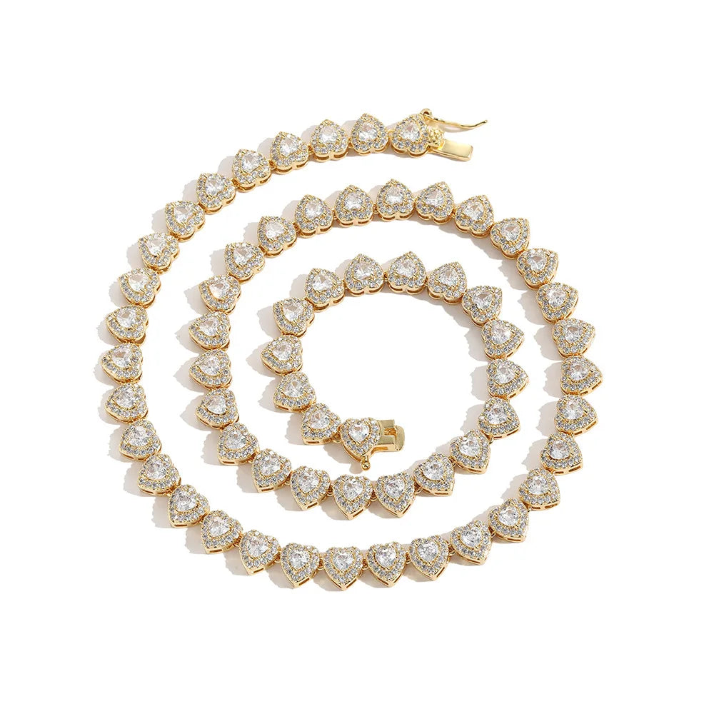 Top Icy Hip Hop Heart Shape Cubic Zircon Tennis Chain Fashion Zircon Jewelry Tennis Chain Necklaces with 18K Gold Plated men