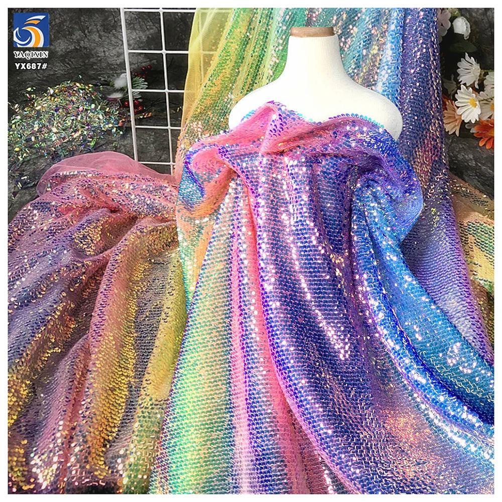 YX687 Fantasy Polyester Laser Embroidery Rainbow Sequin Fabric Shiny Mesh Lace Sequins Fabric for Performance Costumes