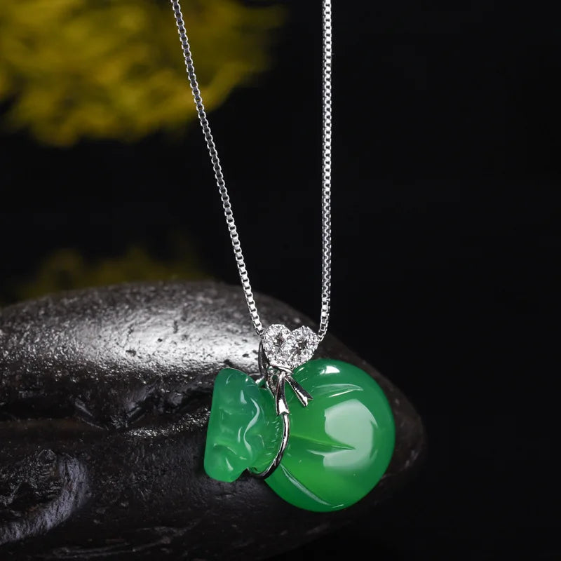 Lucky 925Sterling Silver Diamond Inlaid Jade Chalcedony White Jade Green Jade Money Bag Necklace for Women Girls