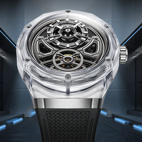 Custom Logo 5ATM Waterproof Crystal Glass Case Mechanical Watches Luxury Skeleton Men Automatic Watch