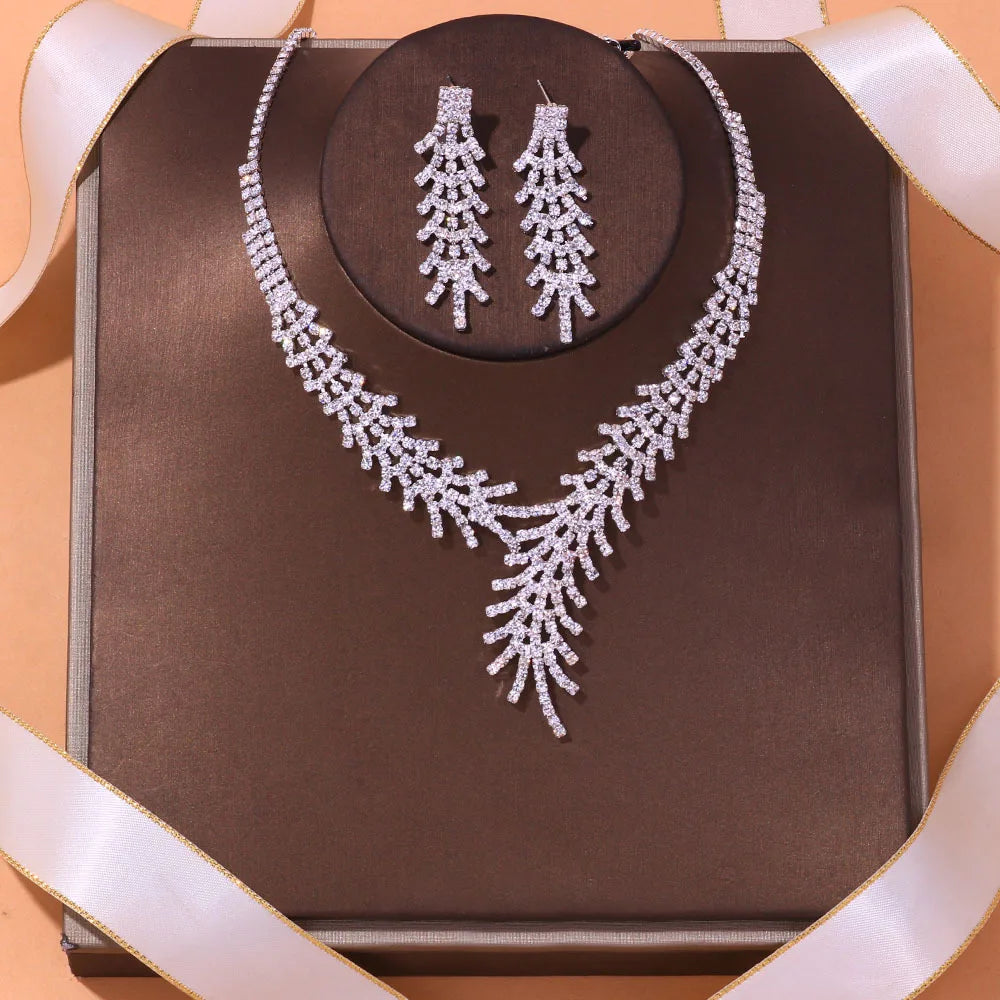 Luxury Fashion Heavy Shiny CZ Zircon Crystal Necklace Earrings Set Engagement Wedding Bridal Jewelry Set