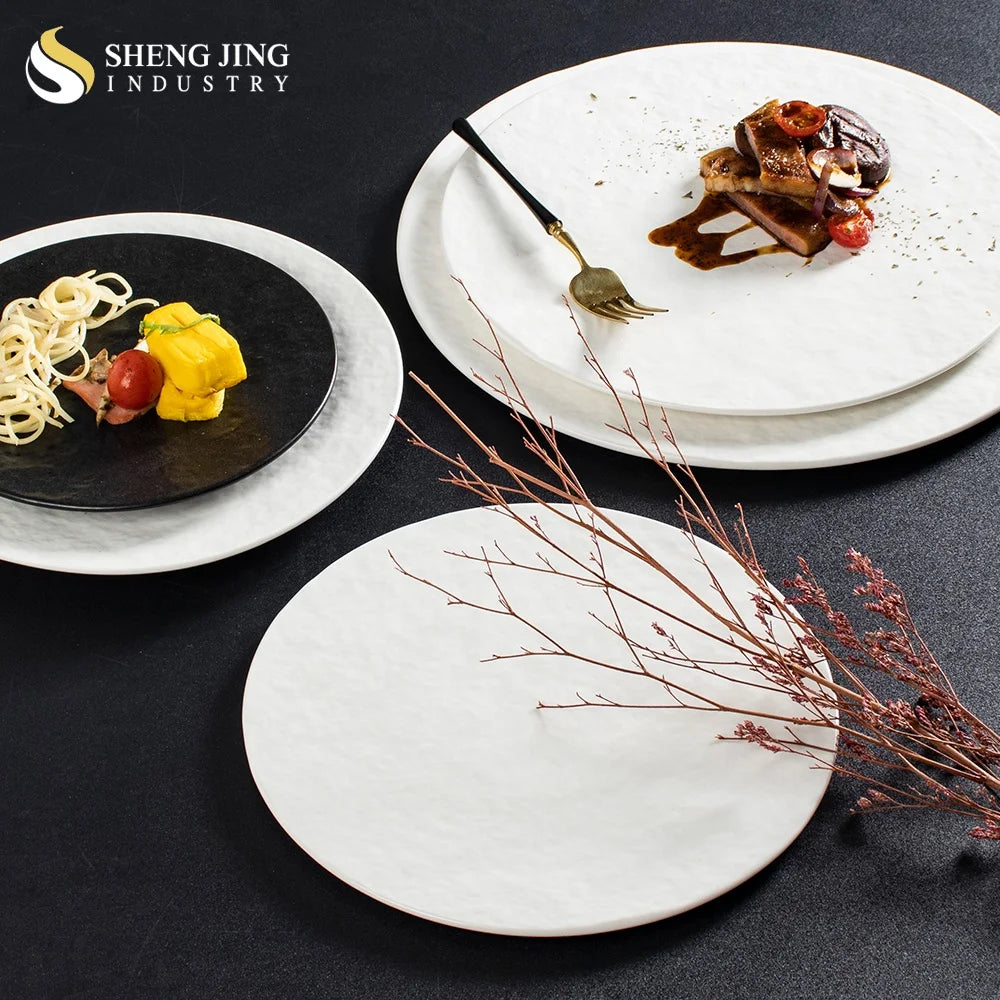 Wholesale Hotel Restaurant Tableware Custom Matte Rock Texture Pottery Salad Dishes & Plates Food Platter Banquet Round Platos