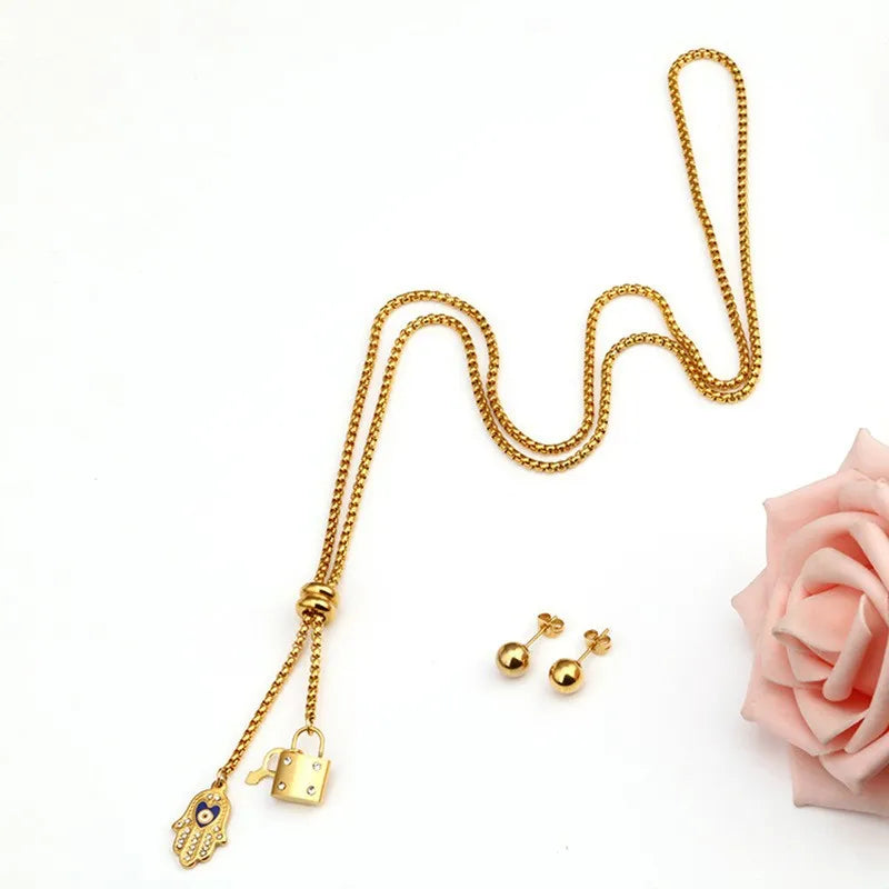 Fashion Stainless Steel Chain Gold Plated Adjustable Evil Eyes Fatima Hand Lock Charm Protection Lariat Y Necklace Jewelry Women