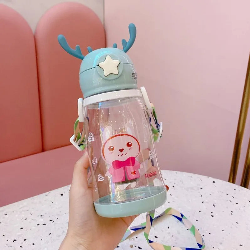 Outdoor Cartoon Antlers Children Straw Water Bottles Anti-Leak Portable Strap Kids Kettle 600Ml Cartoon Gift Cup Baby Water Cup
