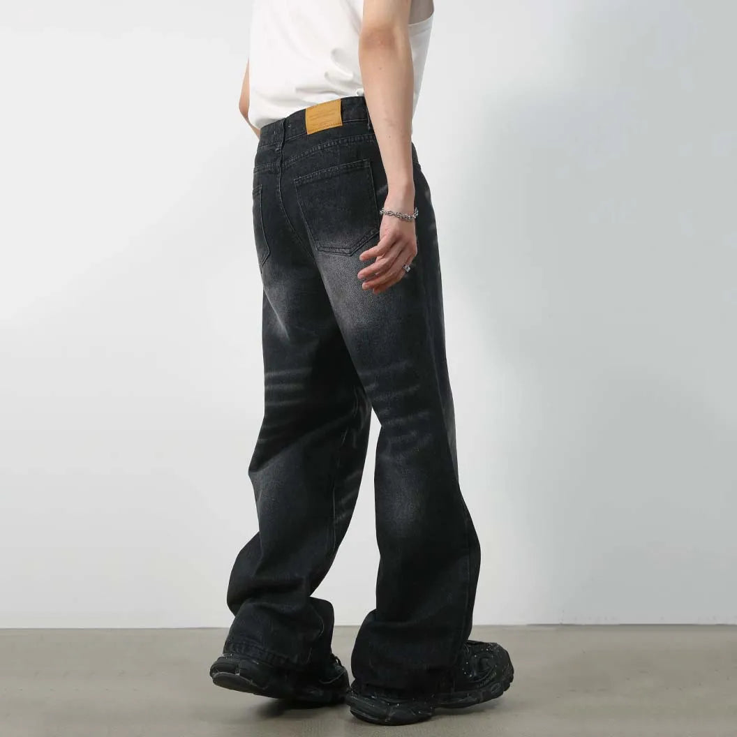 Custom American High Street Distressed Vintage Washed Black Flared Jeans Casual Denim Men's Jeans