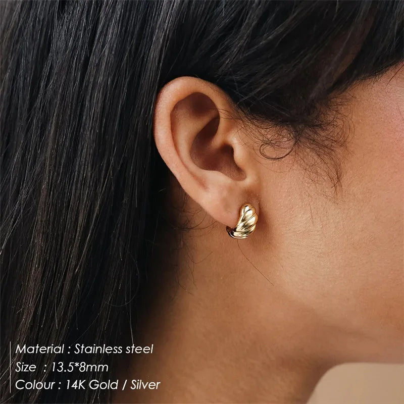 G2604 Wholesale Aretes De Mujer Stainless Steel 14K Gold Plated Dome Hoop Huggie Small Twist Croissant Stud Earrings Jewelry