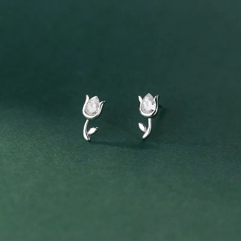 Real 925 Sterling Silver Mini Tulip Flower CZ Zircon Stud Earrings Women Wedding Anniversary Earring Jewelry