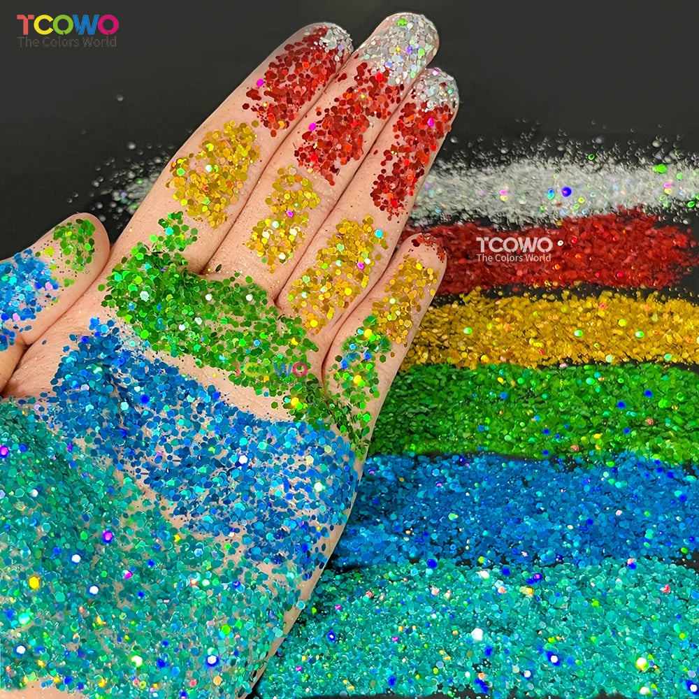 Eco-Friendly Long Lasting Mix Chunky Holographic Hexagon Laser Color Nail Glitter Powder for Snowglobe Tumbler Resin