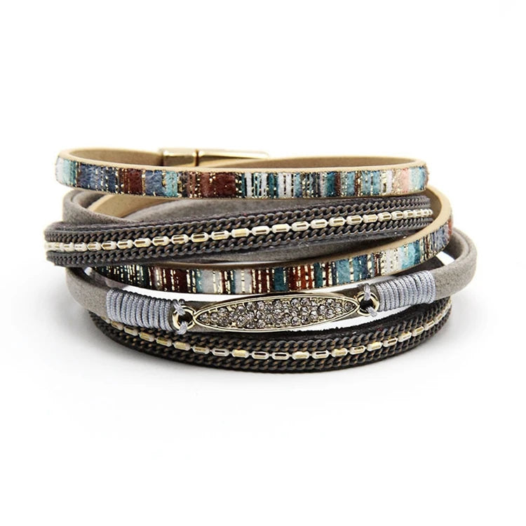 Wholesale Ethnic Style Charm Crystal Leaf Magnetic Buckle Clasp Boho Warp PU Leather Bracelet for Women Ladies
