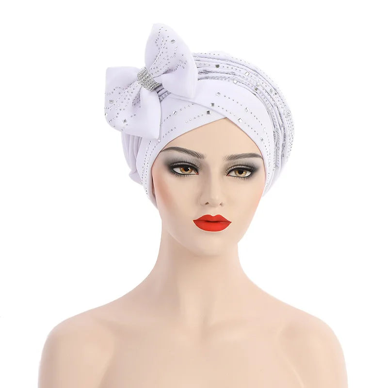 Customized logo Multifunctional Muslim Hijab Space Layer Stamping Diamond Stacked Layer With Bow Cap Wrap Head Cap Muslim Cap