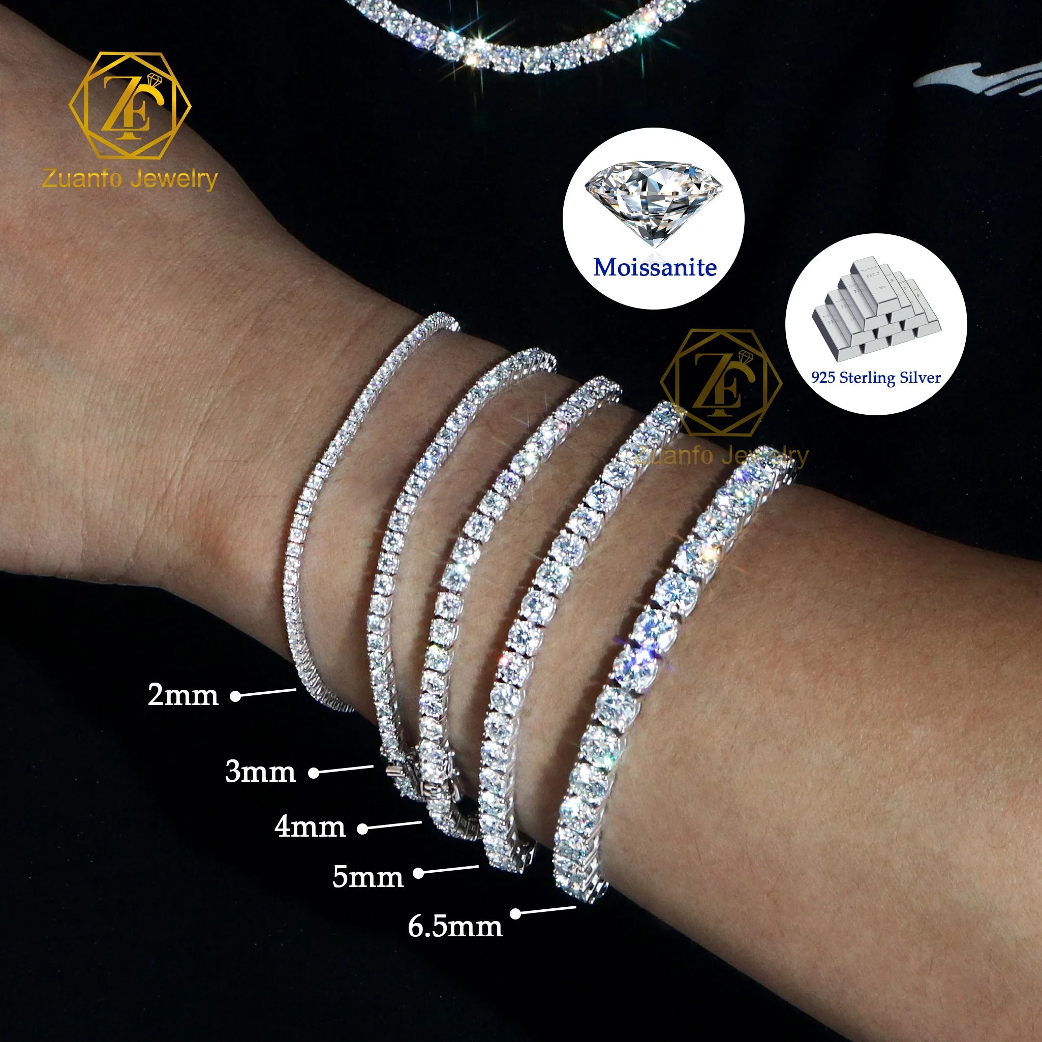 Luxury 3mm 4mm 6.5mm Tennis Bracelet 925 Silver Unisex Jewelry 2mm 10k 14k Gold 925 Sterling Silver Moissanite Tennis Chain