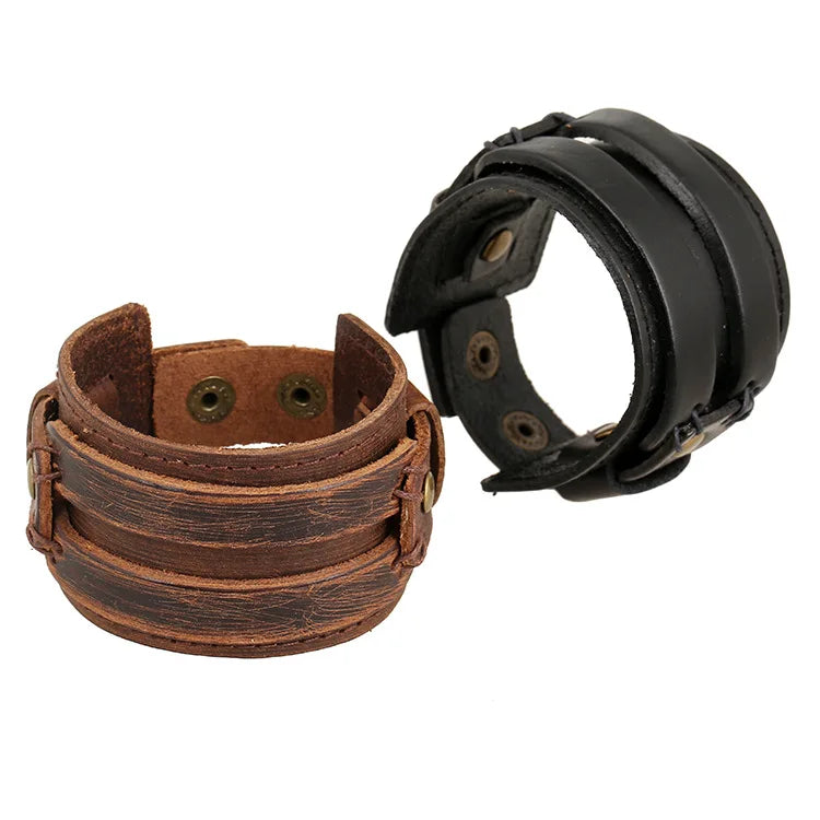 Popular Vintage Flat Blank Wide Genuine Leather Bracelet Men Wristband
