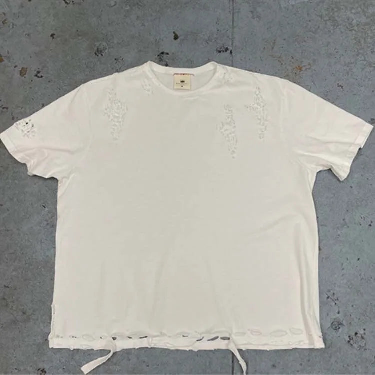 Hip Hop T Shirt Loose Ripped Cut Edges and Holes Short Sleeve Streetwear Men Plain Blank Wash T-shirts