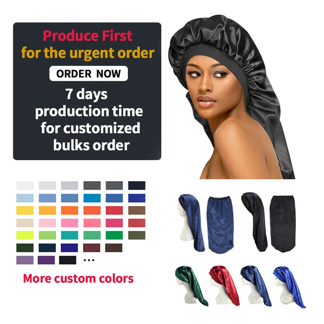 Wide Brimmed Women Print Sleep Hat Long Tube Hat Silk Soft Satin Hair Bonnet With Custom logo