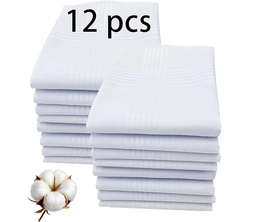Panuelo De Algodon Blanco 16*16Inch 100% Soft Cotton White Handkerchief Men Plain Hankies with Jacquard Stripe for Gift Wedding