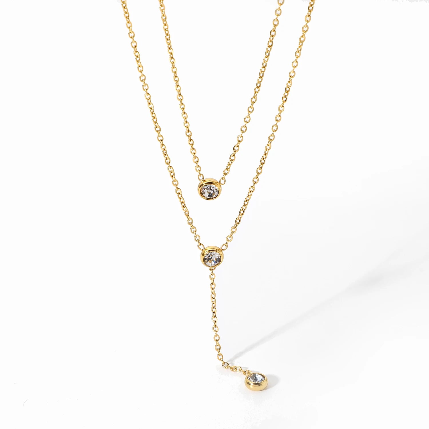 18K Gold Stainless Steel Y Shaped Dainty Chain Double Layer Shiny Cubic Zirconia Lariat Necklaces