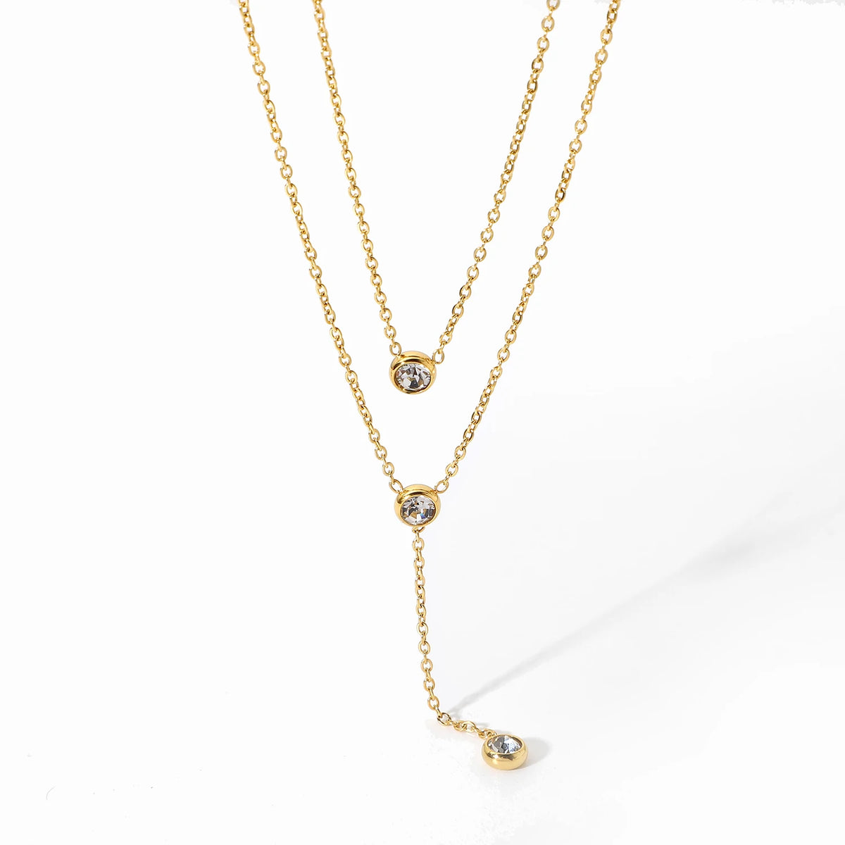 18K Gold Stainless Steel Y Shaped Dainty Chain Double Layer Shiny Cubic Zirconia Lariat Necklaces MegaBDM
