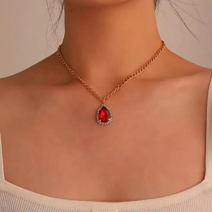Fashion 14K Plating Alloy Necklace Single Layer Multi Color Heart Pendant Shiny Crystal Ladies Necklace