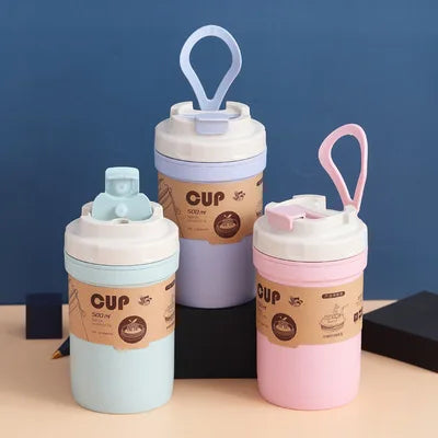 Custom Logo Wheat Fiber Food Grade Double Wall Microwave Coffee Mug Wheat Straw Key Lock Seal Portable Soup Cup