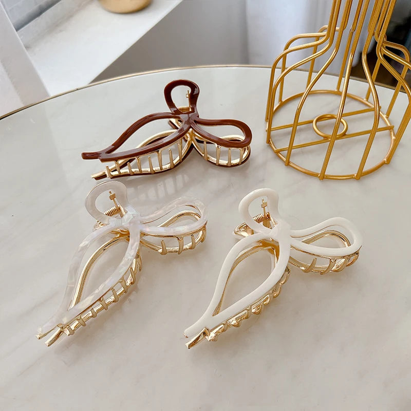 Korea Sweet 11.5cm Cute Bow Alloy Hair Clip Large Temperament Metal Hollow Shark Hair Claw Fashion Simple Smooth Hair Accessory