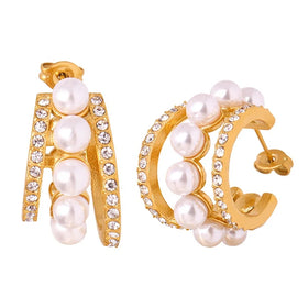 Premium Stainless Steel Imitation Pearl Huggie Earrings Claw Setting for Ladies Wedding Anniversary Gifting Daily