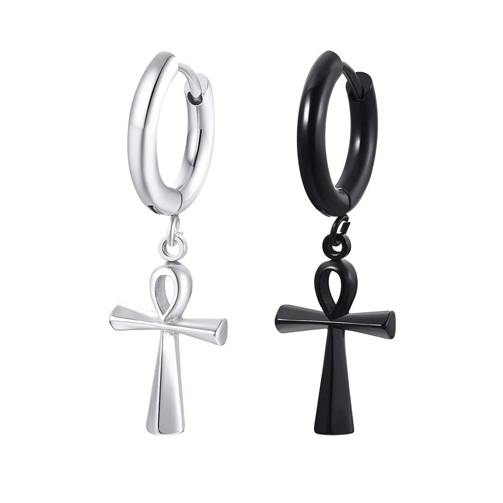 Wholesale Men's Stainless Steel Cross and Ankh Hanging Drop Earrings Fashion Jewelry