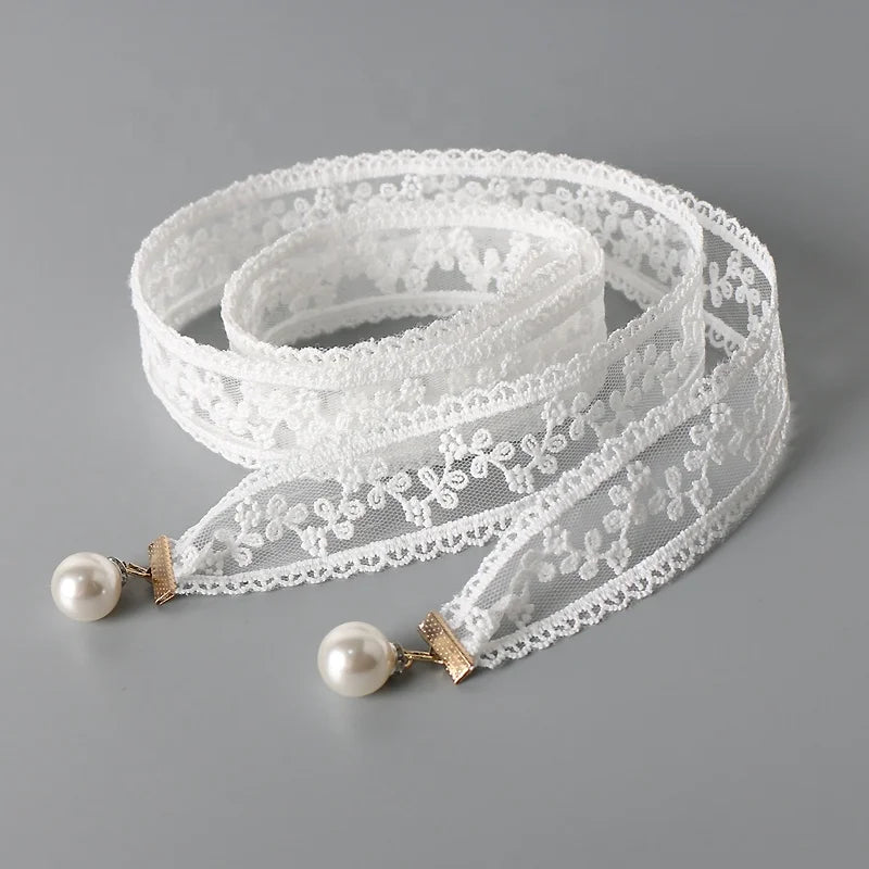 Women's Fashionable and Versatile Lace Embroidery Pearl Pendant Belt Fabric Style with Versatility and Elegance
