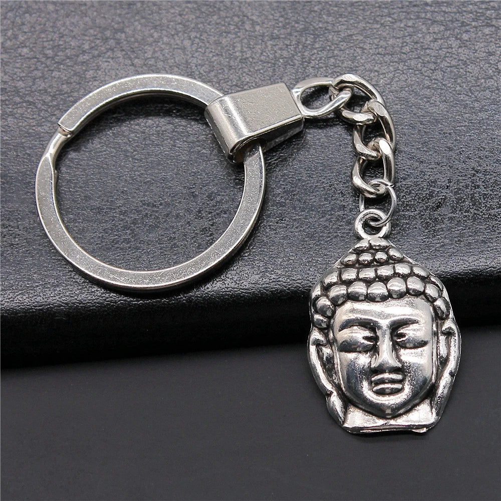 29x19mm Antique Silver Plated Antique Bronze Plated Zinc Alloy Buddha Head Buddha Statue Buddhism Keychain P2-ABD-C11133