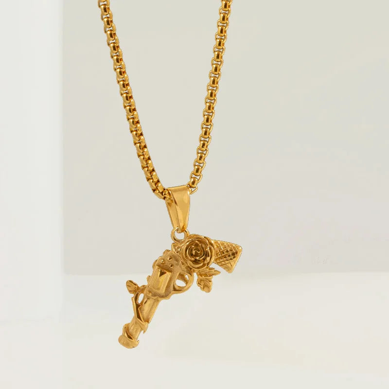 Hot Sale Products 18k Gold Plated Flower Rose Gun Necklace Pistol Charm Hiphop Uzi Gun Necklaces Men Handgun Pendant Necklace