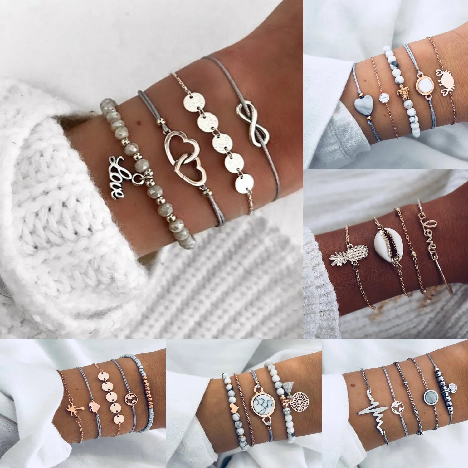 Wholesale Bohemian Fashion Women Jewelry Set Crystal Love Heart Shell Alloy Rope Natural Stone Bracelets Set