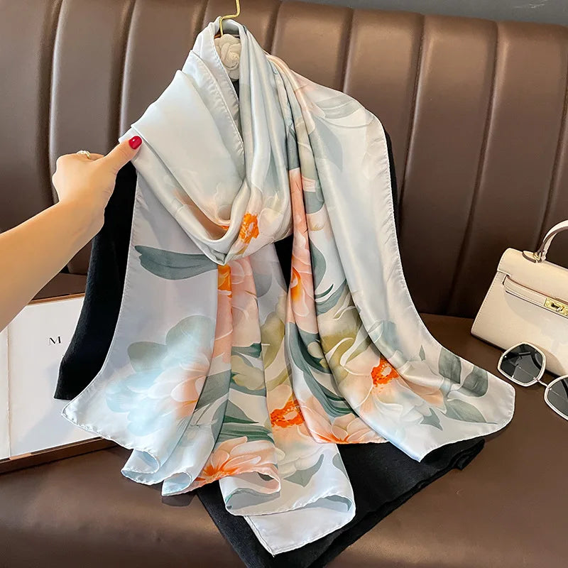 Wholesale Long Large Soft Imitation Silk Flower Scarf Evening Dress Shawls Elegant Lightweight Printed Smooth Silk Printed Scarf