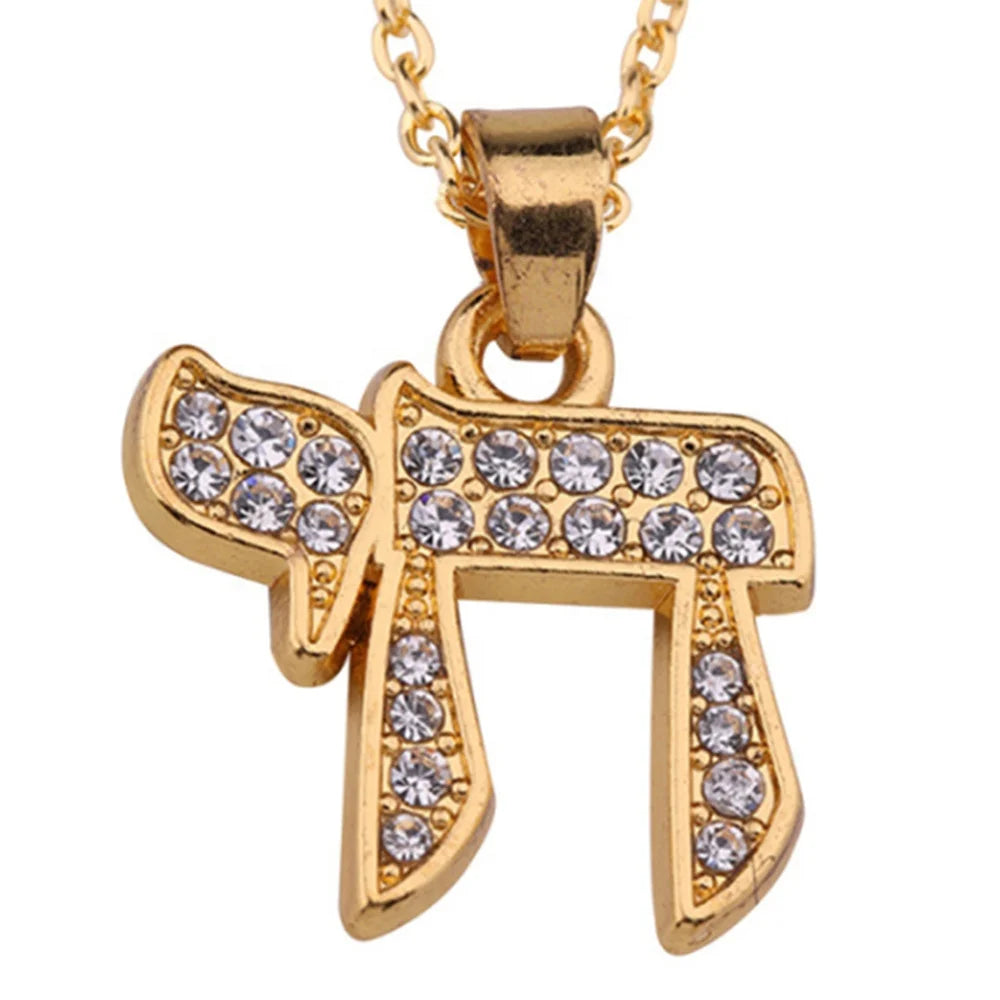 Gold Plated Crystal Chai Symbol Pendant Link Chain Jewish Judaica Necklace Made of Zinc Alloy