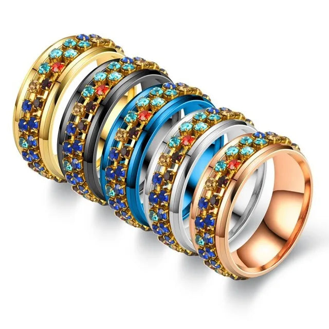Wholesale Non Tarnish 18K Gold Silver Plated Rotatable Zircon Tennis Chain Stainless Steel Finger Rings Jewelry