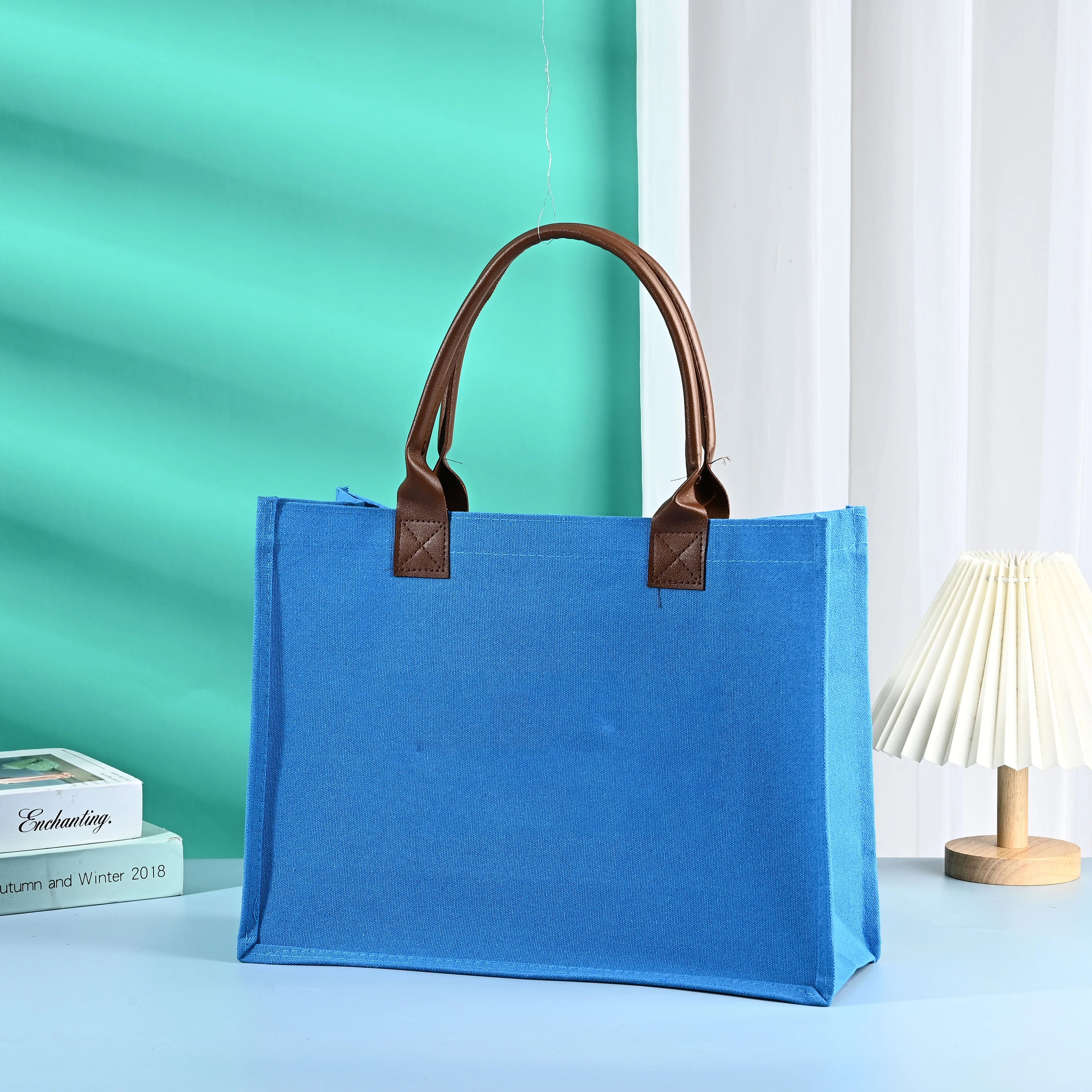 High Quality Custom Logo Waterproof Laminated Canvas Tote Shopping Bag with PU Handle for Beach Use