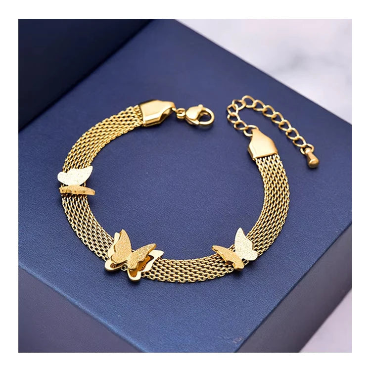 Summer Jewelry Non Tarnish Gold Plated Stainless Steel Mesh Bracelet Matte Butterfly Charm Bracelet for Women