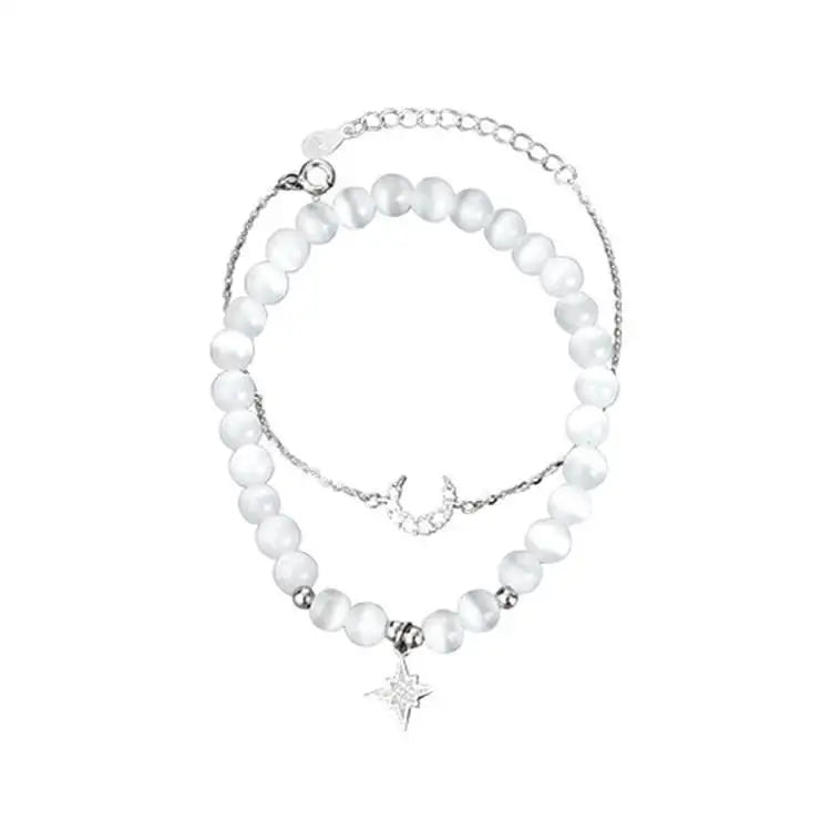 925 Sterling Silver Gold Plated Star Moon Double Layer Charm Bracelet with Crystal Rhinestone Trendy Women's Jewelry for Gift