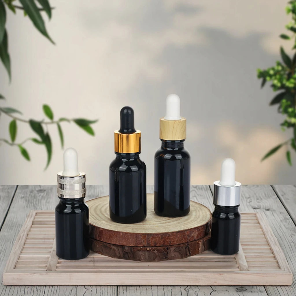 Customizable Logo 10ml 15ml 20ml 30ml Essential Oil Bottle Frosted Black Amber Glass Dropper Bottle With Gold Dropper