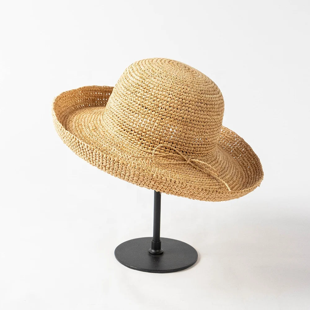 Fashion Casual Bow Raffia Straw Hat Outdoor Travel Sun Beach Bucket Hat Hand Crocheted Knitting Roll Rim Straw Bucket Hat