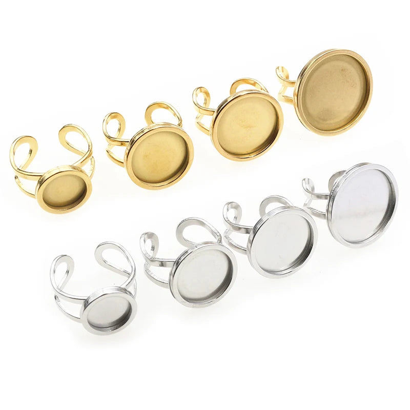 5pcs 10-25mm Inner Size Round Thick Stainless Steel Adjustable Ring Settings Cabochon Blank Base DIY Jewelry Making Findings