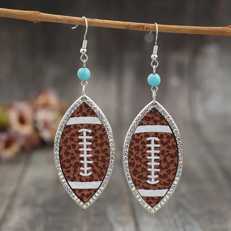 Western Earrings 9*2.8CM PU Leather Zircon Rugby Shape Turquoise Earrings for Women Gift
