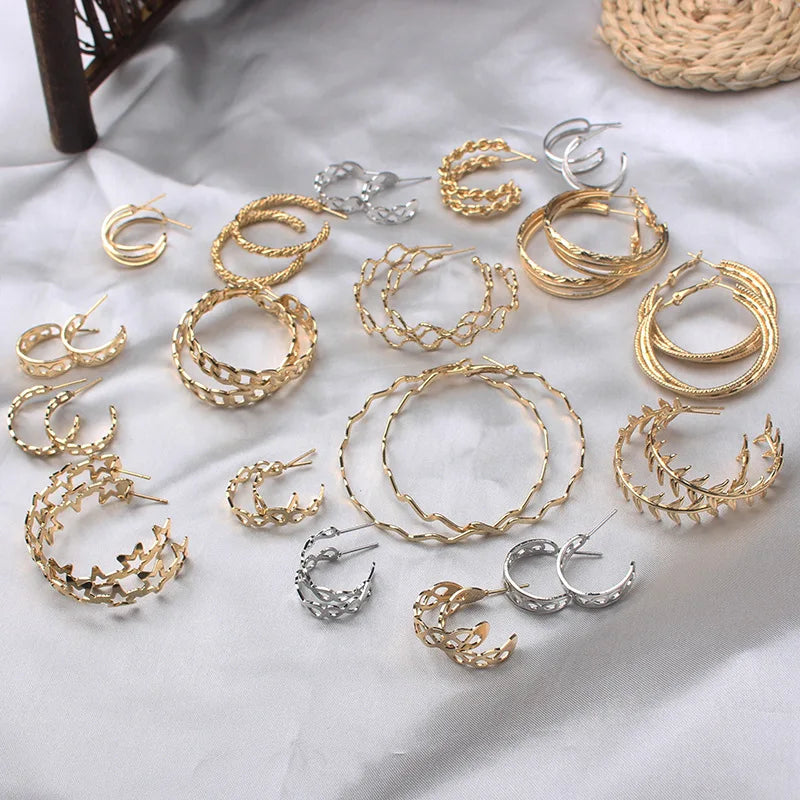 Creative Geometric C Shaped Hoop Earrings Hollow Out Texture Large Hoop Earrings for Women