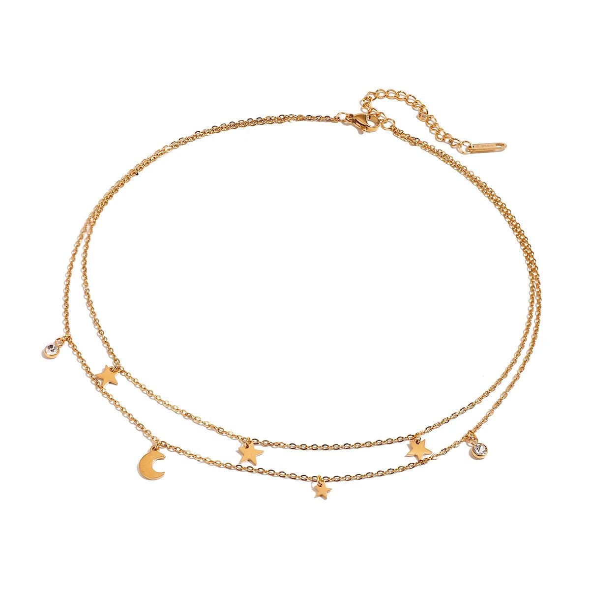 J&D Double Layer Necklace 18k Gold Plated Stainless Steel Star Moon Pendant White Crystal Polished Finish