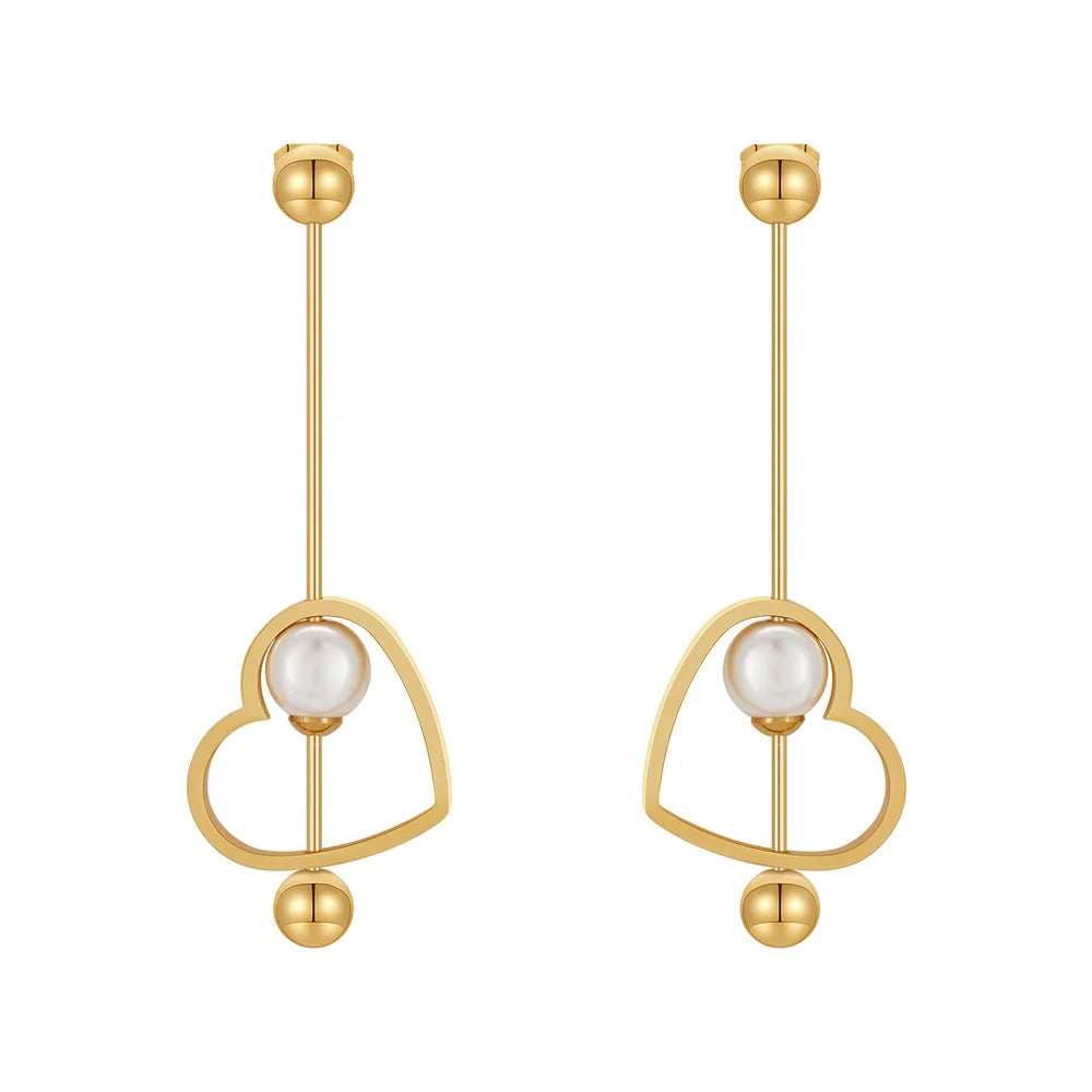 Original Design 18K Gold Plated Stainless Steel Jewelry Hollow Heart Shaped Pearl Double Steel Ball for Women Earrings E231498