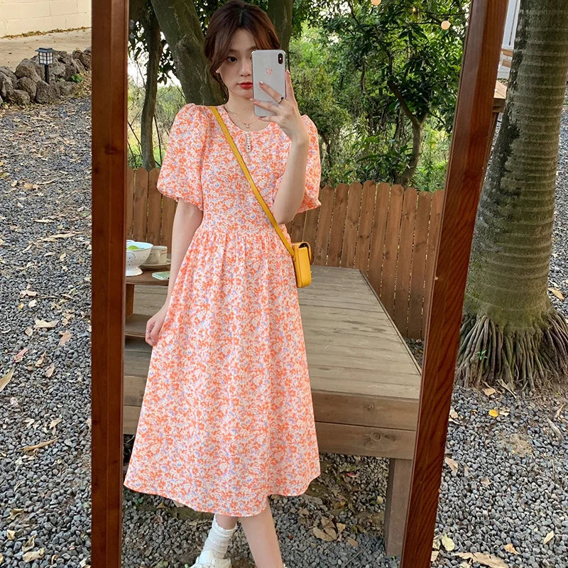 M-3XL Bubble Sleeve Midi-Length Summer Dress Collar Floral Orange Pattern Natural Beading Eco-Friendly New Floral Sleeves