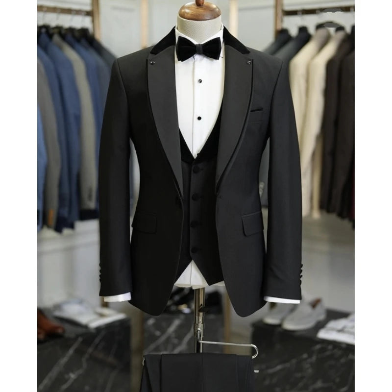 Black Men's Three-piece Suit Custom Made Exquisite Formal Business Wedding Groomsman Tuxedos (Coat + Vest + Trousers)
