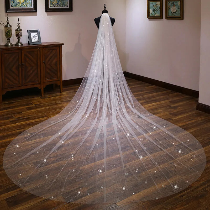 Morili Good Quality Long Lace White Ivory 3 Meters Width 3.5 Meters Star Long Veil for Bridal With Comb MLVB513