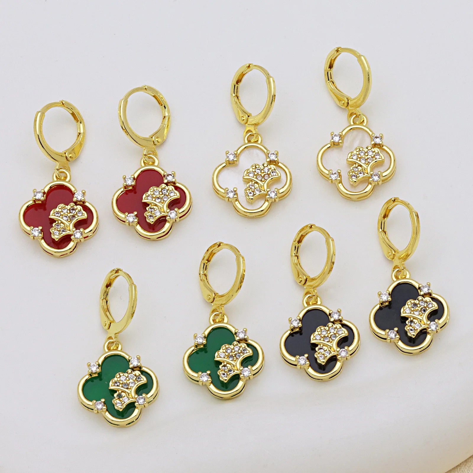 HE0122 New Four Leaf Flower Drop Oil Stud Earrings 18K Gold Set with Zircon Petals Earring High Women Beautiful Jewelry